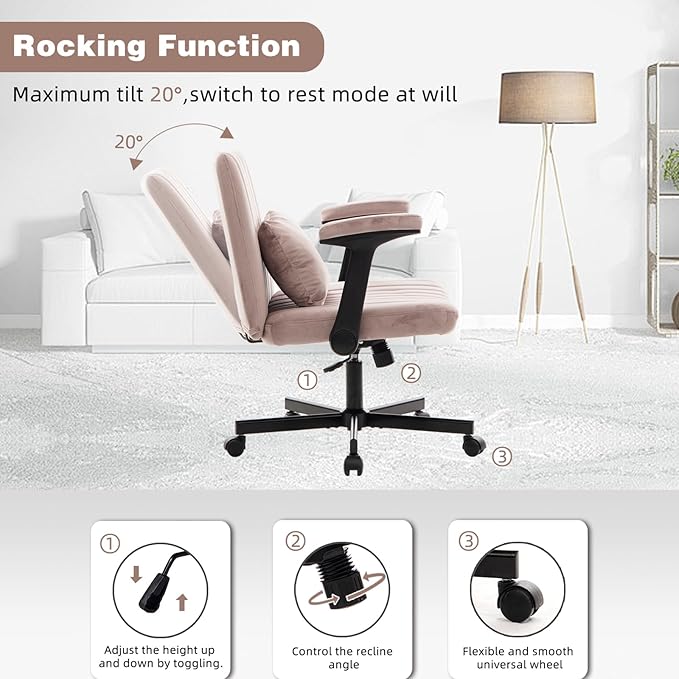 Furnimart Criss Cross Desk Char Wide Seat with Wheels and Arms, 360° Swivel Cross Legged Desk Chair Thick Cushion, Velvet Comfy Armless Home Office Chair for Bedroom, Vanity, Sturdy (Light Pink)