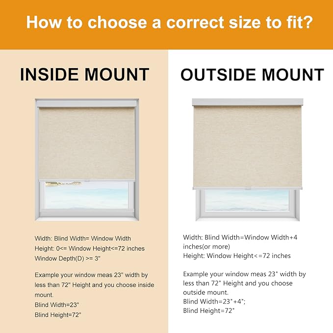 Persilux Free-Stop Cordless Light Filtering Roller Shades for Windows (Khaki 25" x 72") Natural Woven Fabric UV Protection Privacy Roller Blinds for Windows Blinds for Doors, Home, Office, Kitchen