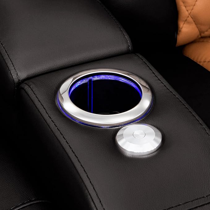 Seatcraft Diamante - Home Theater Seating - Living Room - Power Recline - Italian Leather - Powered Headrests - Cupholders - USB Charging - Ambient Lighting - Arm Storage, Black/Tan Oak, Row of 3