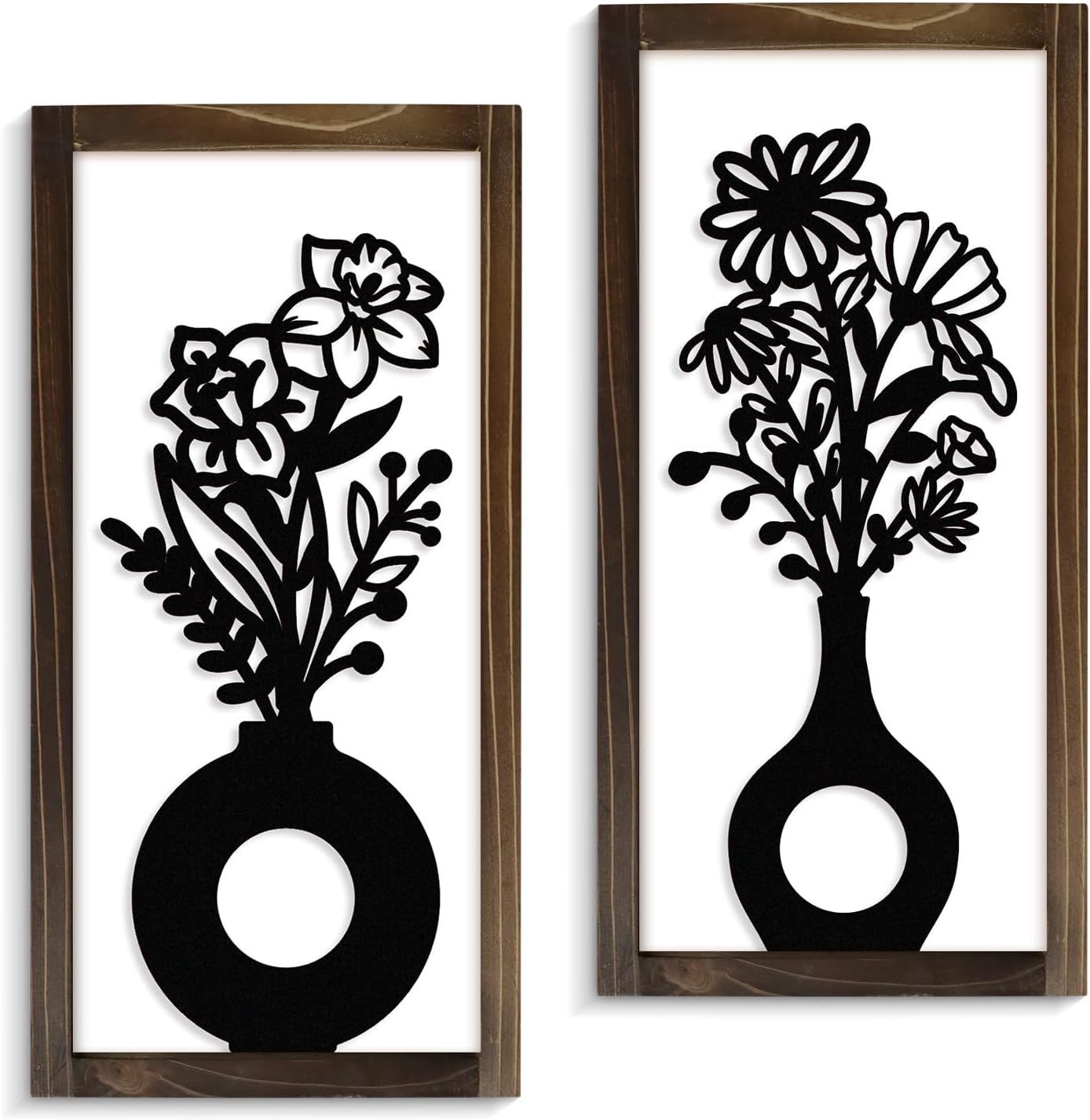 Kas Home 3D Floral Wall Art, 2 Set Rustic Wood Boho Flower with Vase Framed Wall Decor for Bathroom Living Room Bedroom Office Housewarming Gift, Ready To Hang Plaque Sculptures (White-B, 6L" x 12W", Framed)