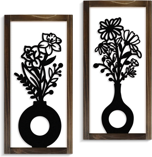 Kas Home 3D Floral Wall Art, 2 Set Rustic Wood Boho Flower with Vase Framed Wall Decor for Bathroom Living Room Bedroom Office Housewarming Gift, Ready To Hang Plaque Sculptures (White-B, 6L" x 12W", Framed)