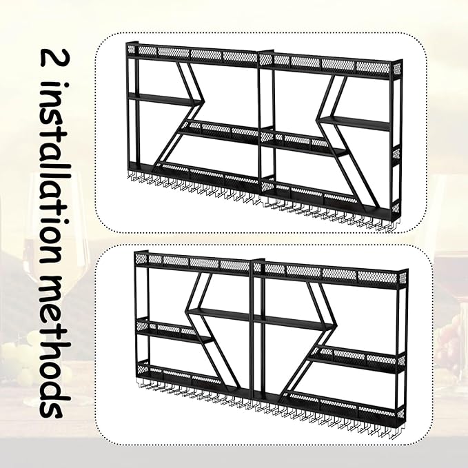 63in Wall Mounted Wine Rack, Large Metal Wine Bottle Holder, 4 Tier Modern Fashion Diamond Shaped Floating Bar Unit Wine Storage Shelves, for Home Restaurant Bars Decor (Black, 4 Tier - 63in)