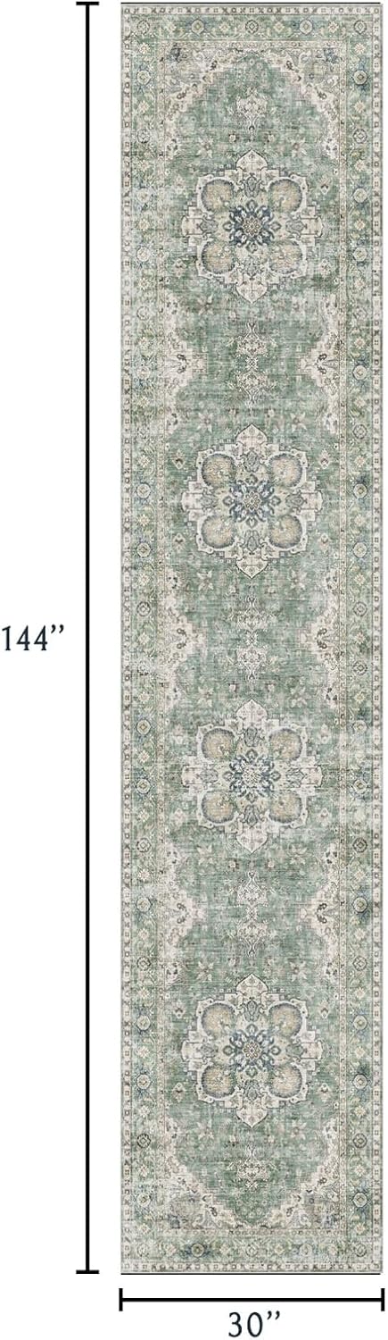 Washable Hallway Runner Rug 2.5x12ft - Long Non-Slip Sage Green Boho Runner Rug Low Pile Stain Resistant Soft Vintage Oriental Runners for Hallways Kitchen Living Room Indoor Entryway Bedroom