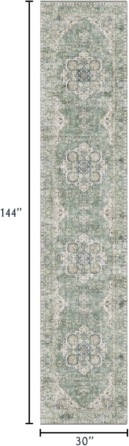 Washable Hallway Runner Rug 2.5x12ft - Long Non-Slip Sage Green Boho Runner Rug Low Pile Stain Resistant Soft Vintage Oriental Runners for Hallways Kitchen Living Room Indoor Entryway Bedroom