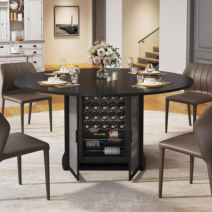 IBF Black Round Dining Table for 4-6, 47 Inch Kitchen Table with Fridge Space, Industrial Dining Room Tables with Storage Shelf, Wood Dinner Tables for Home Kitchen Living Room, Black Oak, Only Table