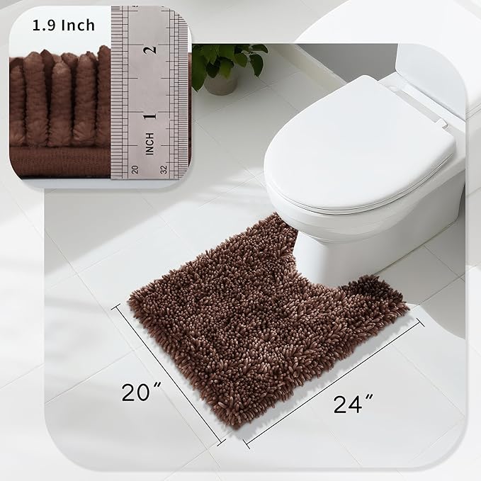 Yimobra Toilet Rugs U Shaped Washable, Extra Thick Soft Absorbent Chenille Contour Bathroom Rugs for Toilet 24x20 Inch, Quick Dry Non Slip Toilet Mat for Bath Floor, Brown