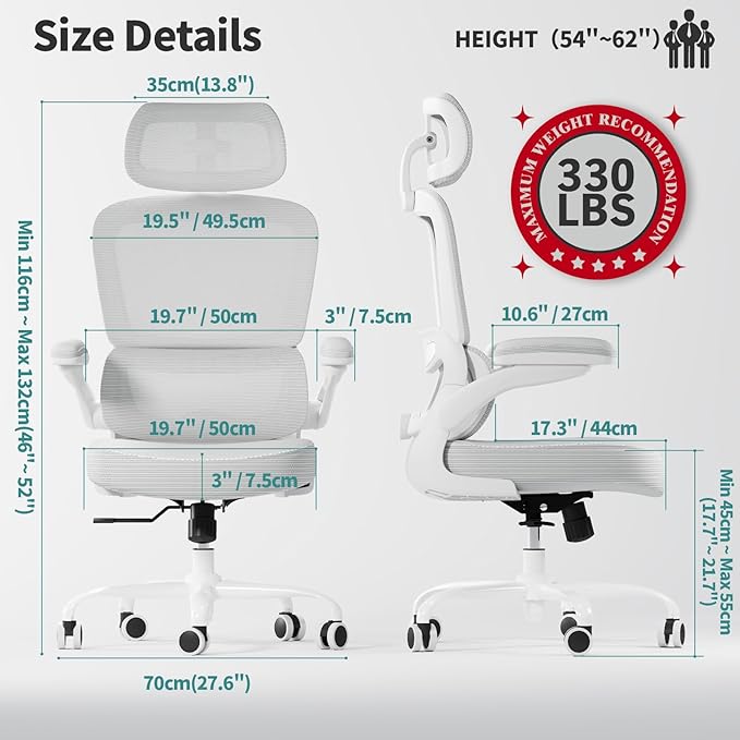 TRALT Ergonomic Office Chair - Desk Chair with Adjustable Headrest Lumbar Support Computer Chair - Mesh Comfy Chair with Flip-up Armrests - Gaming Chairs for Adults Home Office (Leather, White)