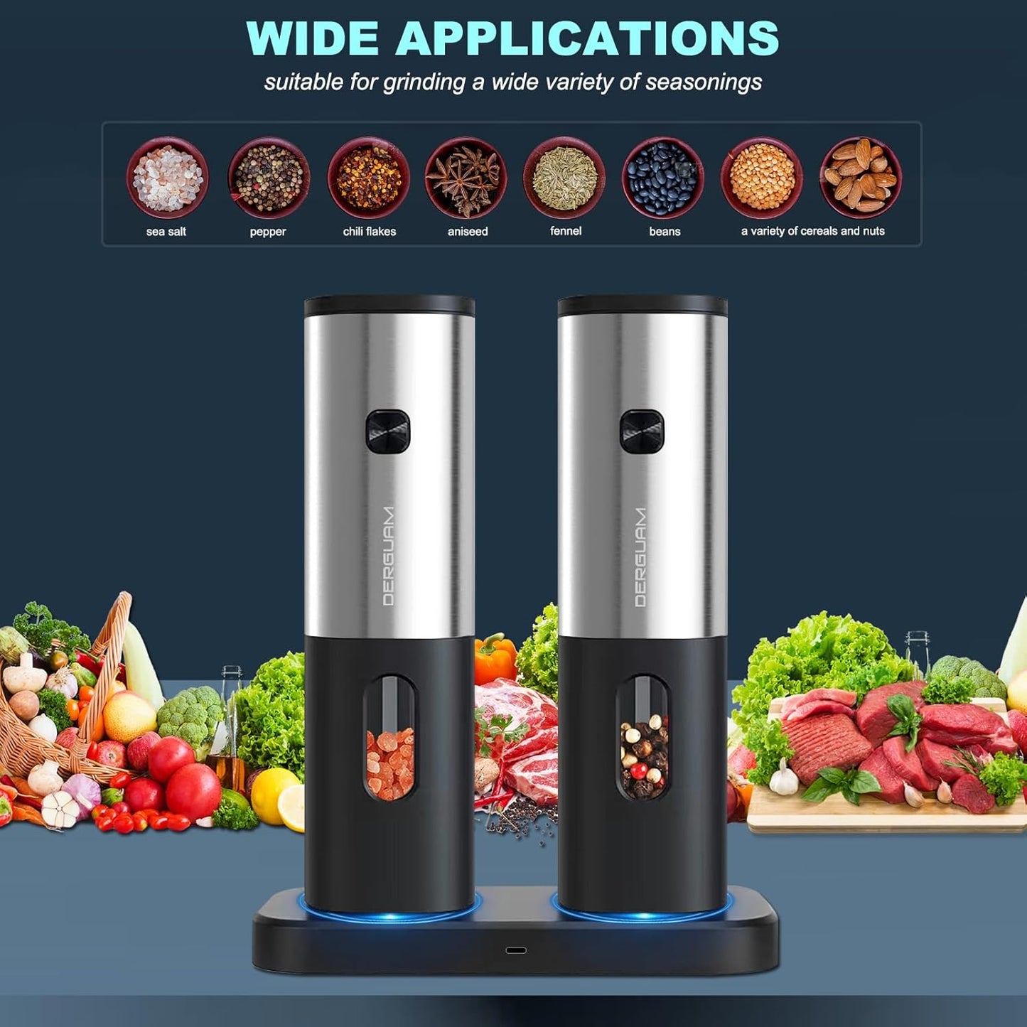 Rechargeable Electric Salt and Pepper Grinder Set with Charging Base, DERGUAM Stainless Steel Pepper Grinder with Adjustable Coarseness and Led Light