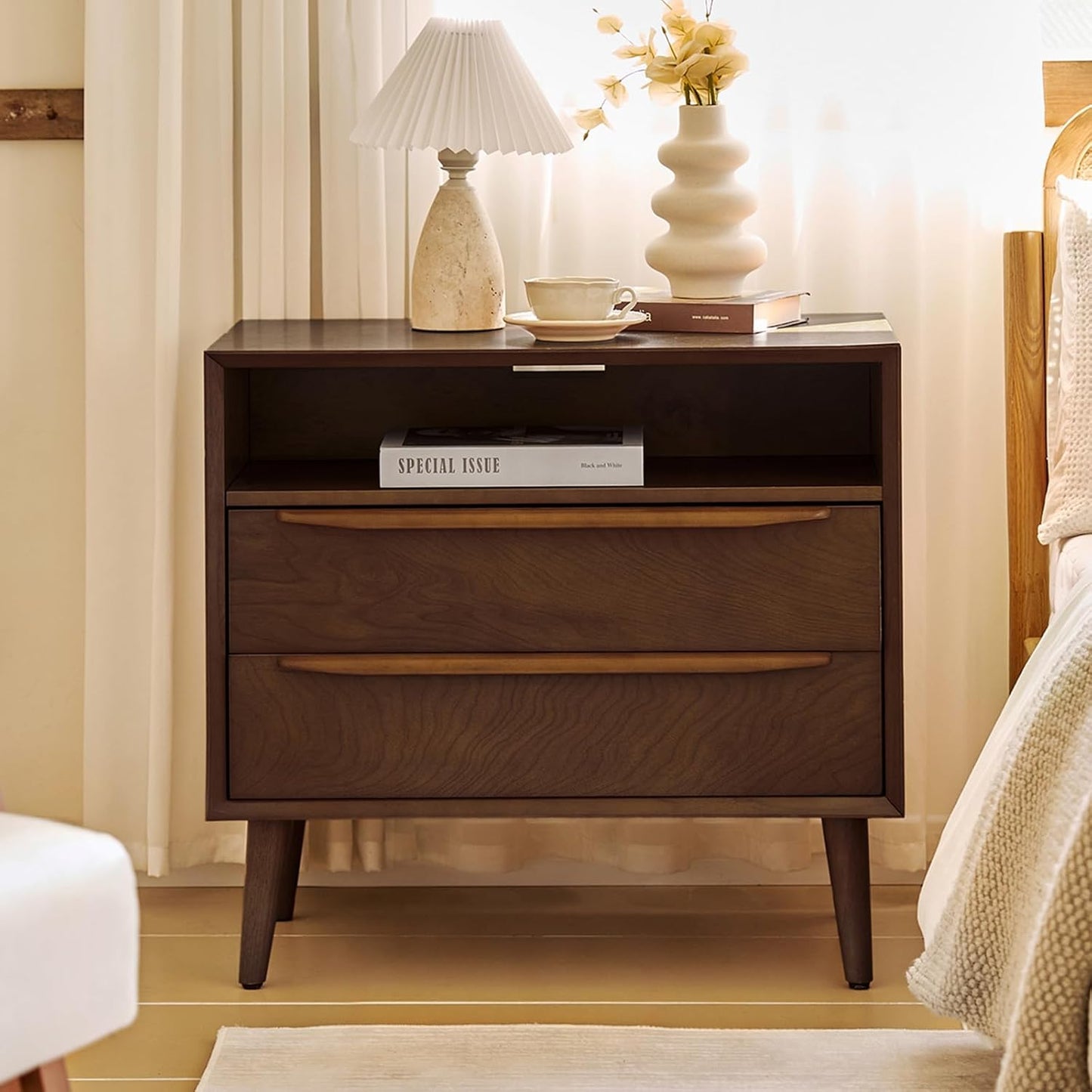 HULALA HOME Nightstand with Charging Station, Mid-Century Modern 2 Drawer and Open Shelf Dresser for Bedroom, Fluted Bedside Table, Walnut