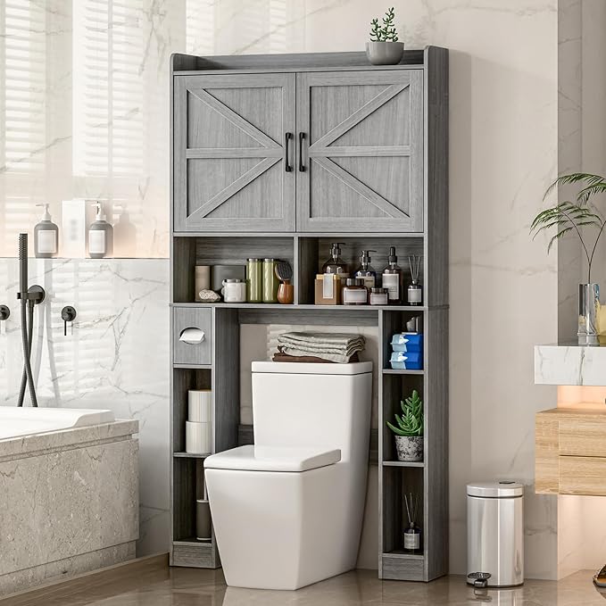Over The Toilet Storage Cabinet, Farmhouse Toilet Cabinet Rack with Barn Doors, Space Saving Bathroom Organizer with Shelves, Toilet Paper Holder and Towel Rack for Bathroom,Restroom,Laundry,Wash Grey