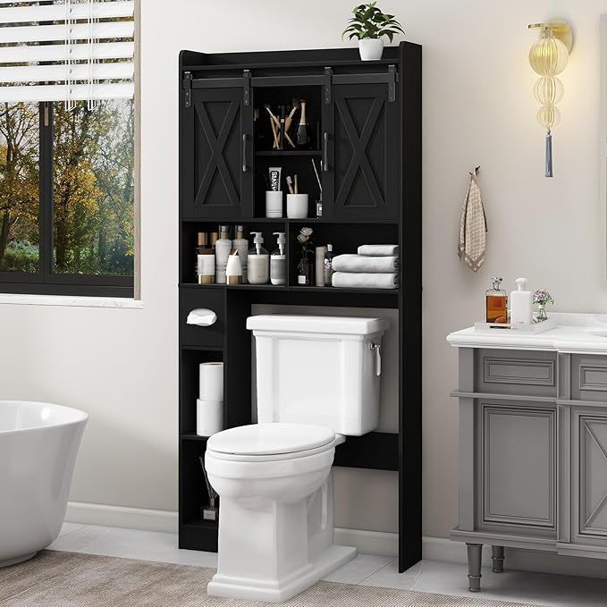 Over The Toilet Storage Cabinet, Farmhouse Storage Cabinet Over Toilet with Sliding Doors & Toilet Paper Holder Stand，Home Space-Saving Toilet Rack, for Bathroom, Laundry and Restroom.Black