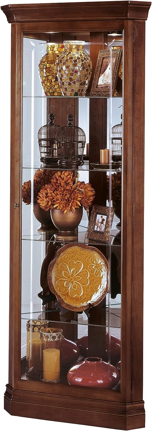 Howard Miller Brown Corner Curio Cabinet, Lockable Storage Cabinets Adjustable Glass Shelves with Floor Mount, Wood Finish Perfect for Collectibles, Living Room & Office & Home Decor