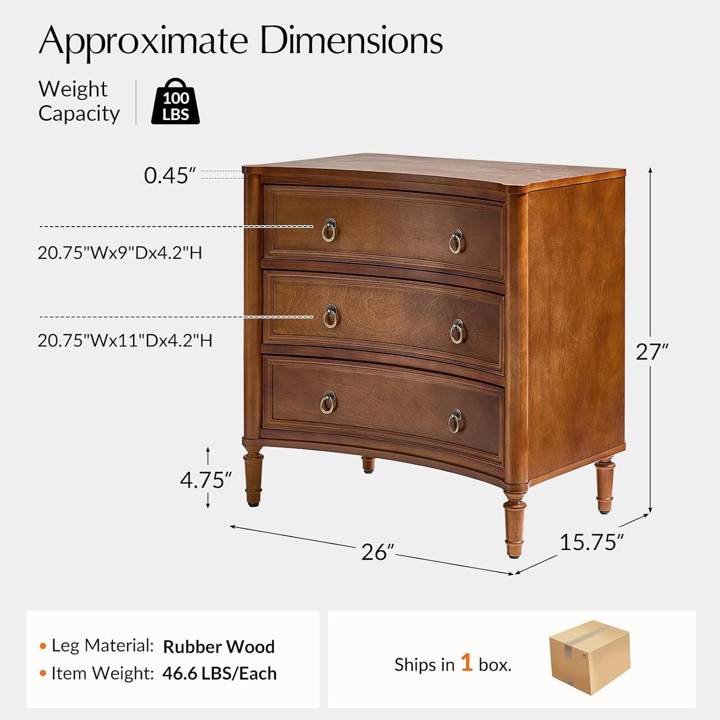 HULALA HOME 3 Drawer Nightstand with Charging Station, 26" Wide Nightstand with Solid Wood Legs and Curved Profile, Classic Bedside Table for Living Room Bedroom, Walnut