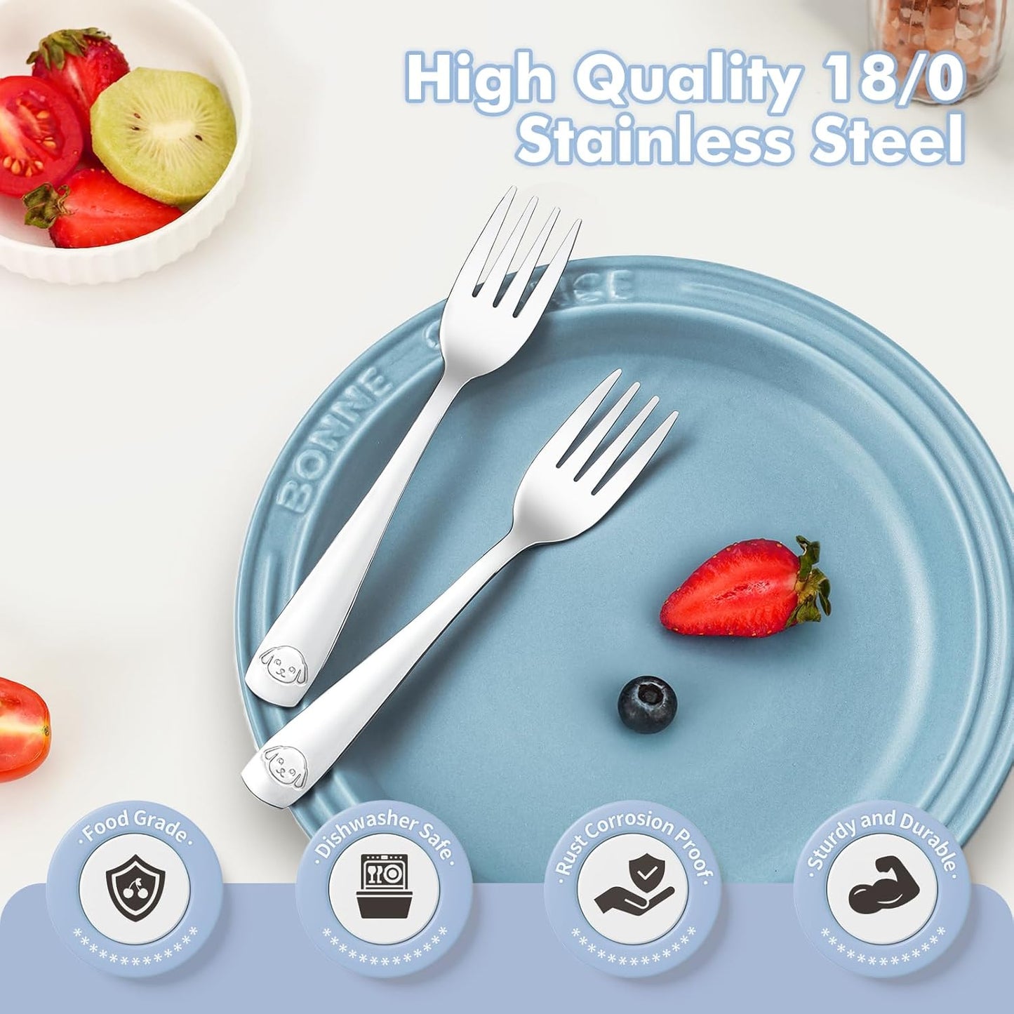 DRKIO Stainless Steel Toddler Forks Set - 12 Pieces Kids Forks Set Children Safe Food Grade Kids Silverware Small Forks Metal Toddler Utensils Dishwasher Safe Mirror Polished