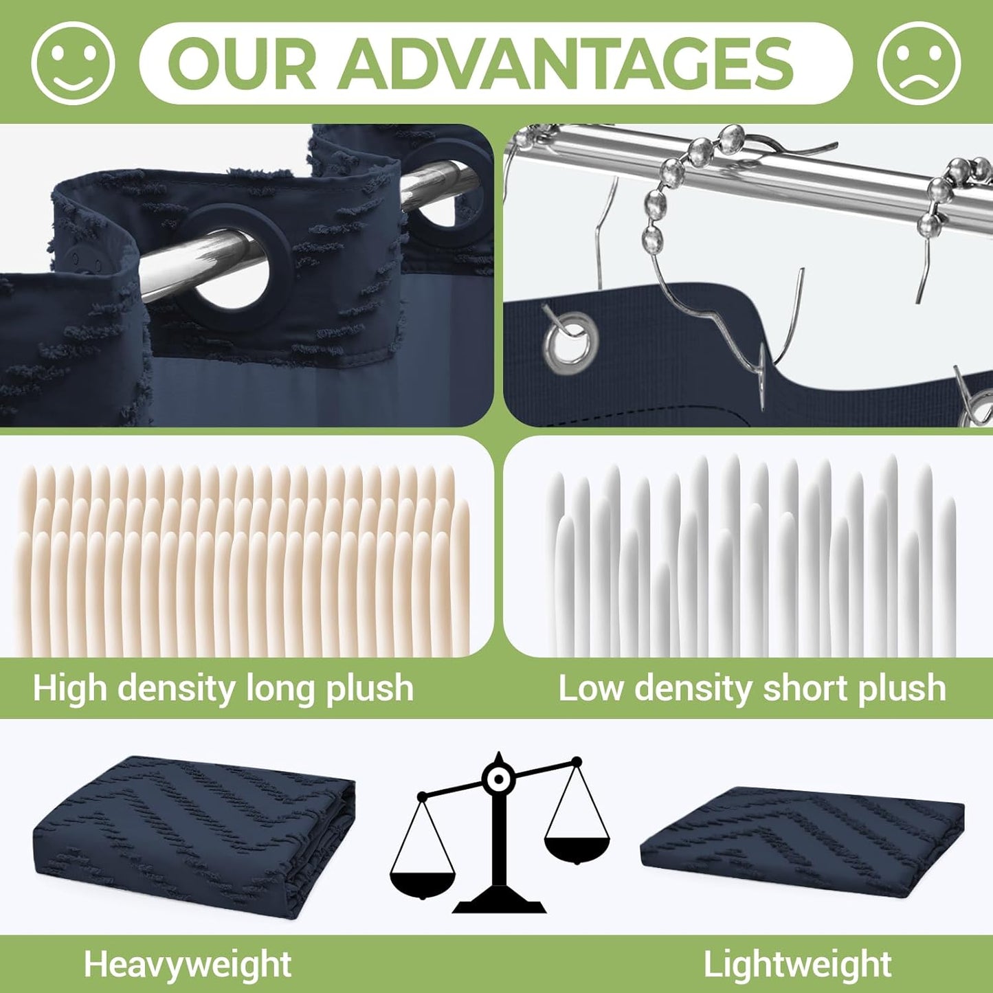 No Hook Shower Curtain with Snap in Liner, Tufted Chevron Striped Shower Curtain Set for Bathroom, Boho Waterproof and Washable Shower Curtains, 71Wx74H, Navy Blue