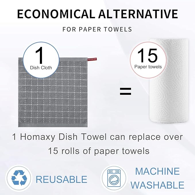 Homaxy 100% Cotton Terry Kitchen Dish Cloths, Ultra Soft and Absorbent Dish Towels for Kitchen, Suitable for Drying and Washing Dishes, 6 Pack, 12 x 12 Inches, Grey