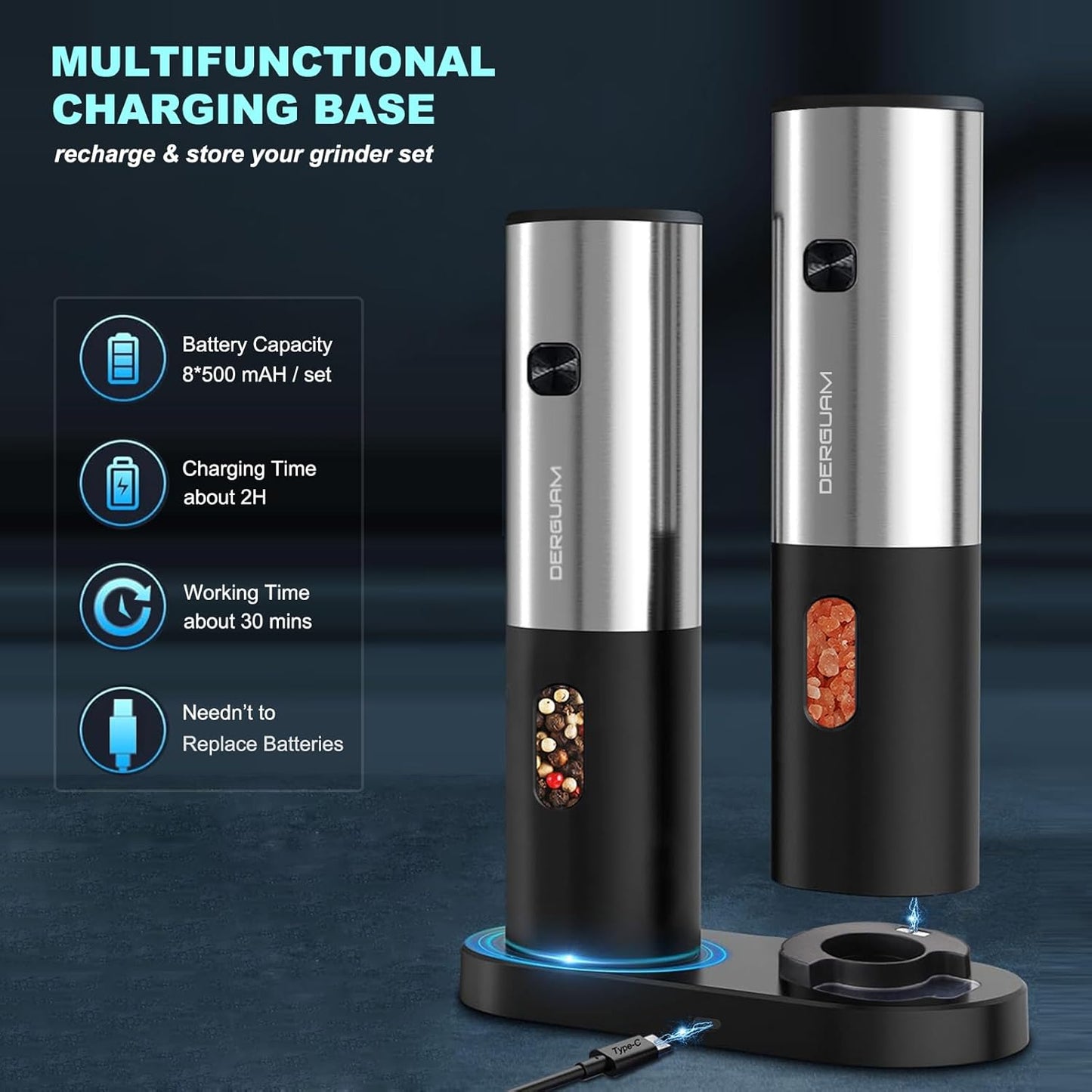 Rechargeable Electric Salt and Pepper Grinder Set with Charging Base, DERGUAM Stainless Steel Pepper Grinder with Adjustable Coarseness and Led Light