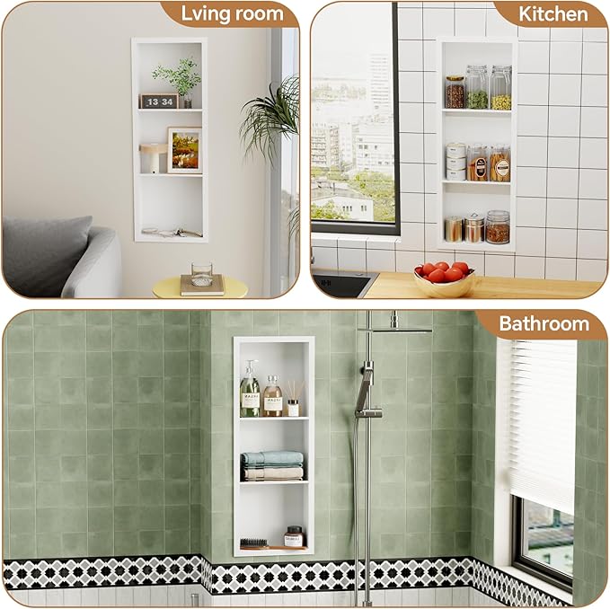 3-Tier Stainless Steel Shower Niche Insert, 36'' * 12'' No Tile Needed Bathroom Niche for Shower Wall, Recessed Wall Cabinet Shelves for Drywall, Living Room, in Wall Shower Shelves, White