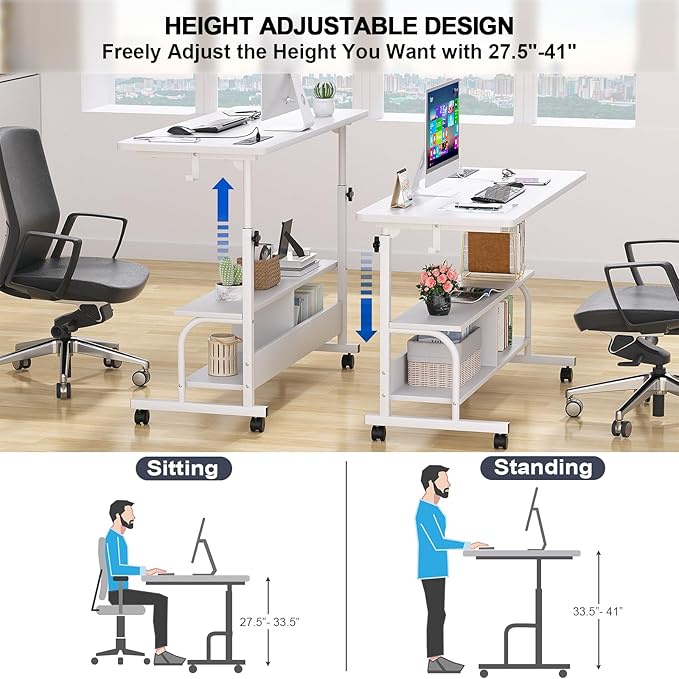 Armocity Height Adjustable Standing Desk with Power Outlets, 47" Manual Stand Up Desk with Storage Shelves Small Mobile Rolling Computer Desk Portable Laptop Table with Wheels for Home Office, White