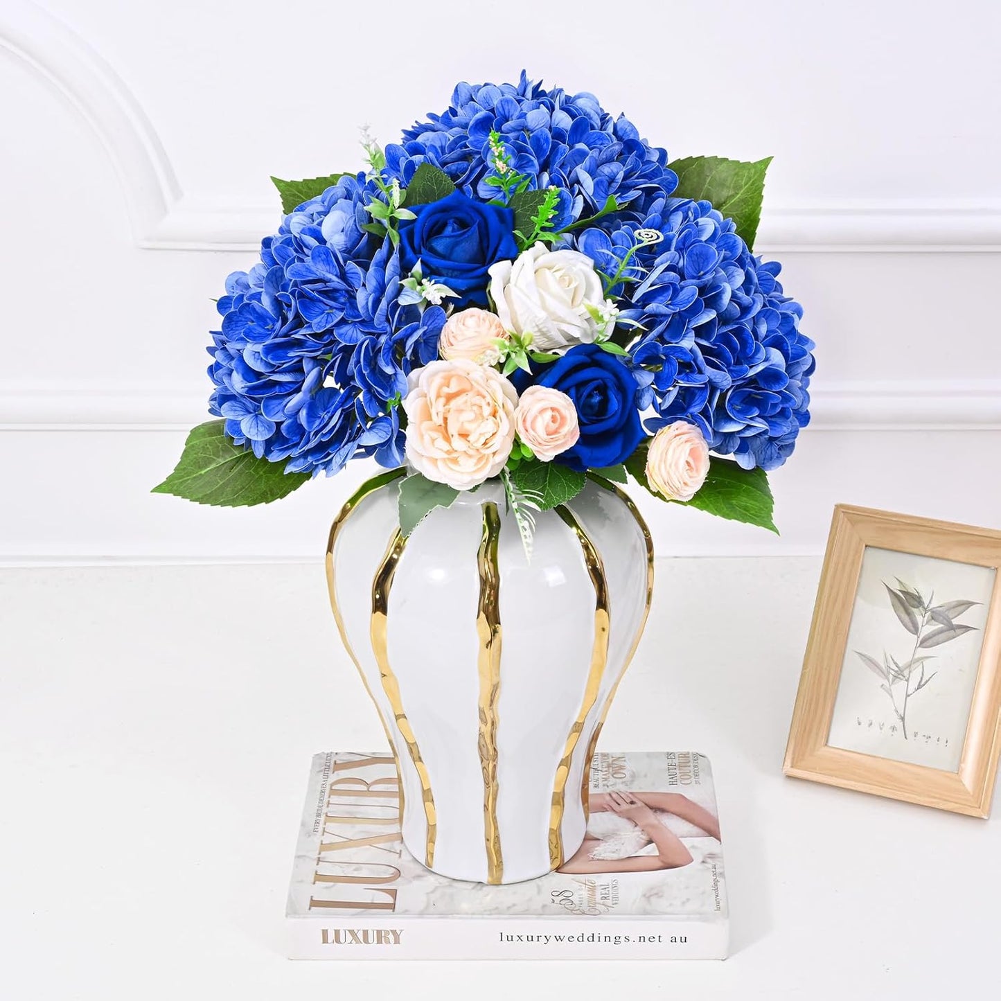 Artflower 4Pcs Real Touch Hydrangea Artificial Flowers, 22.5'' Dark Blue Full Latex Faux Hydrangea Flowers for Home Floral Arrangements Wedding Bouquets Kitchen Table Centerpiece Decorations