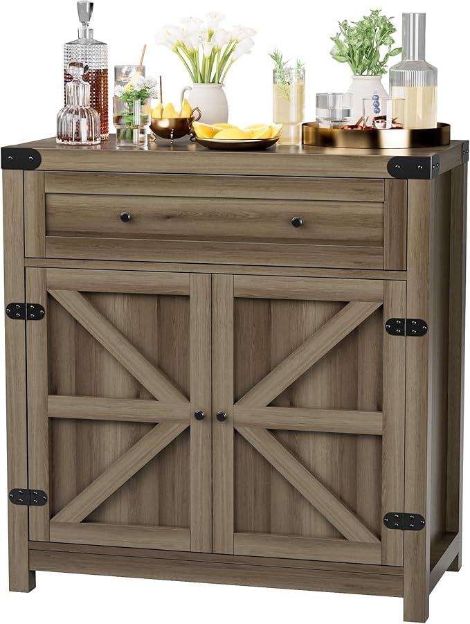 JUMMICO Coffee Bar Cabinet Farmhouse Kitchen Sideboard Buffet Cabinet with Drawer and Adjustable Shelf Barn Door Storage Cabinet for Kitchen, Dining Room, Bathroom, Entryway (Rustic Oak)
