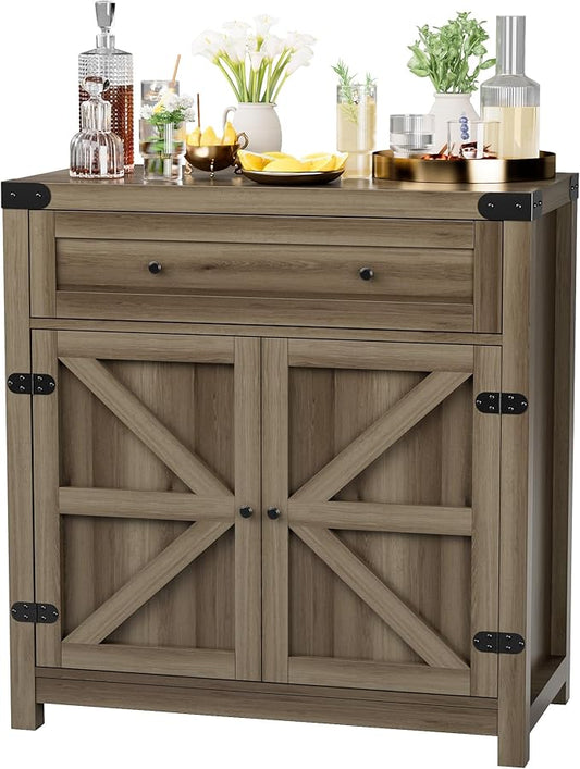 JUMMICO Coffee Bar Cabinet Farmhouse Kitchen Sideboard Buffet Cabinet with Drawer and Adjustable Shelf Barn Door Storage Cabinet for Kitchen, Dining Room, Bathroom, Entryway (Rustic Oak)