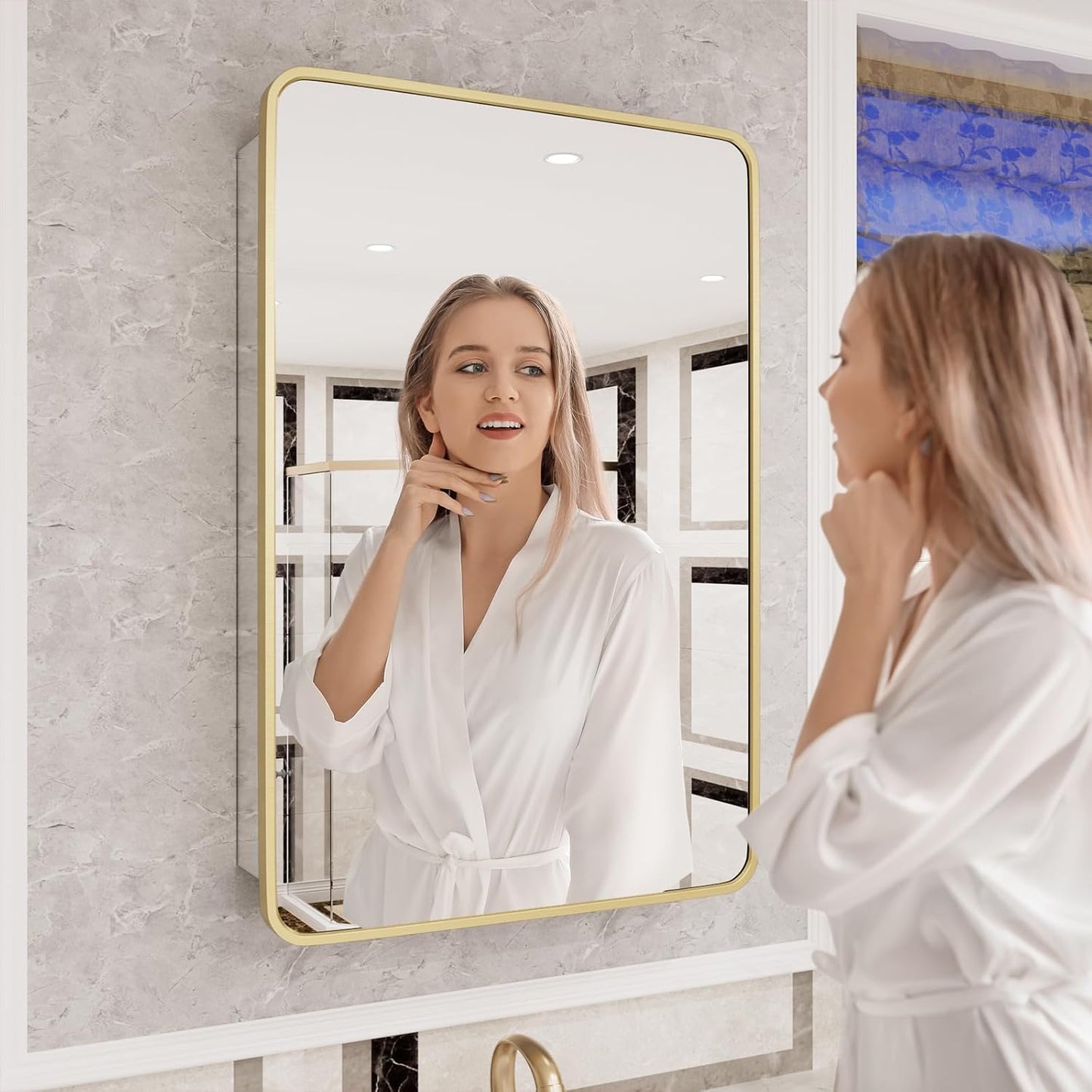 HOMECOOKIN Farmhouse Gold Metal Framed Recessed Bathroom Medicine Cabinet with Beveled Mirror Rounded Rectangle Bathroom Medicine Cabinet 24x36 inch