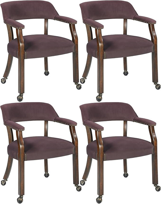 MODERION Dinning Chairs with Wheels and Arms Set of 4, Solid Wood Office Desk Chairs with Frosted Velvet Upholstered, Classic Swivel Accent Chairs, 31.5" H Boss Caption's Chair, Plum, XXY-HT22-PM