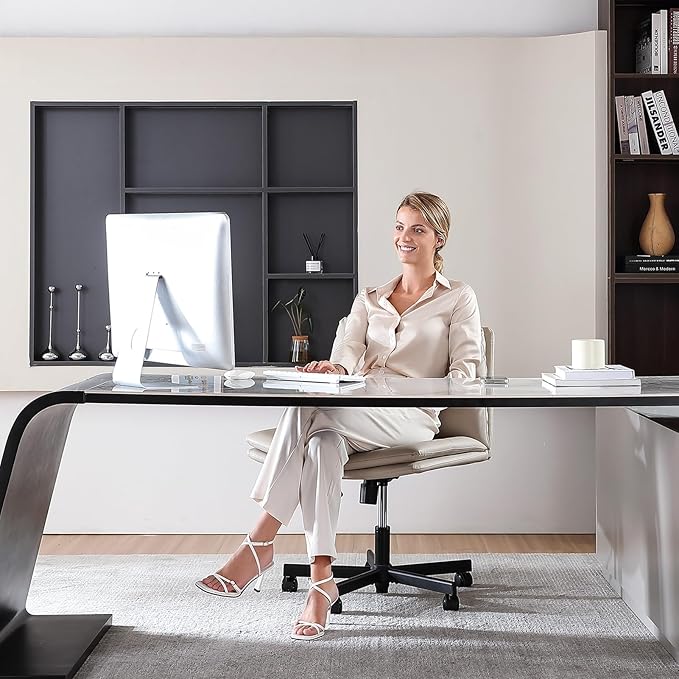 EMIAH Armless Office Desk Chairs Criss Cross Chair with Wheels Mid-Back Ergonomic Home Office Computer Chair Comfortable Thickened Cushion Adjustable Swivel Task Chair with Genuine Leather