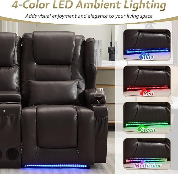 SAMERY Power Loveseat Recliner Sofa with Adjustable Split Back, USB Charging, Bluetooth Speakers & LED Lighting – Home Theater Seating with Storage, Cup Holders, Brown Faux Leather Loveseat Recliner