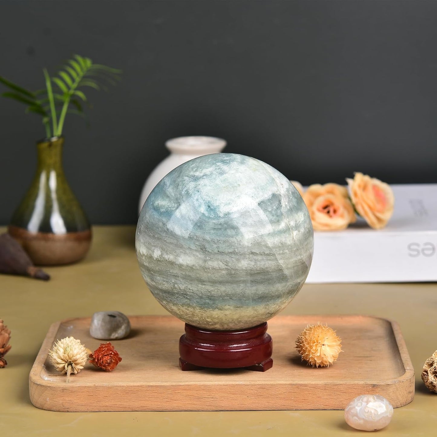 JIC Gem Natural Healing Crystal Sphere Ball Trolleite Crystal Decorative Ball Chakra Meditation Fengshui (80-90mm)