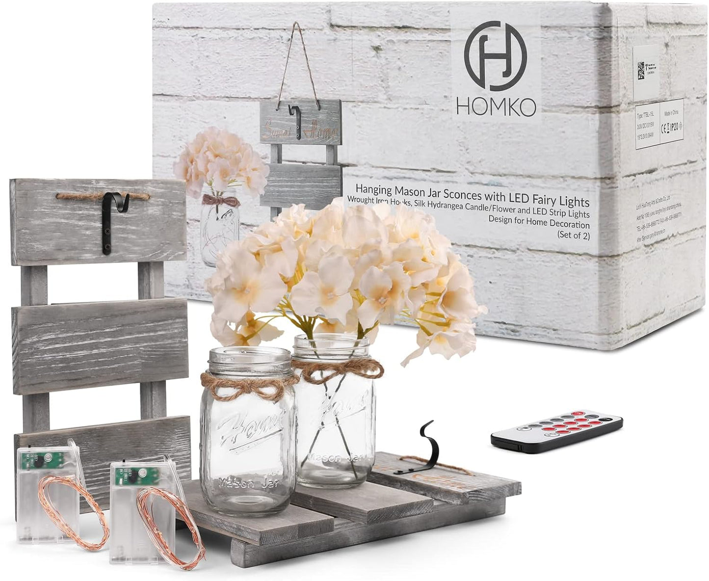 HOMKO Mason Jar Wall Decor with 6-Hour Timer LED Lights and Flowers - Rustic Home Decor (Set of 2)