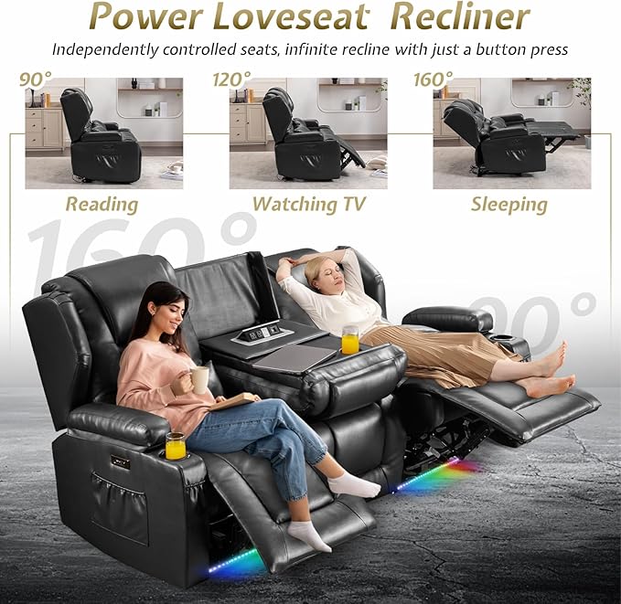 SAMERY Power Loveseat Recliner Sofa with Adjustable Split Back, Multi-Port Charger, Flip-Up Backrest & LED Lighting - Home Theater Seating with Storage, Cup Holders, Black Faux Leather Loveseat