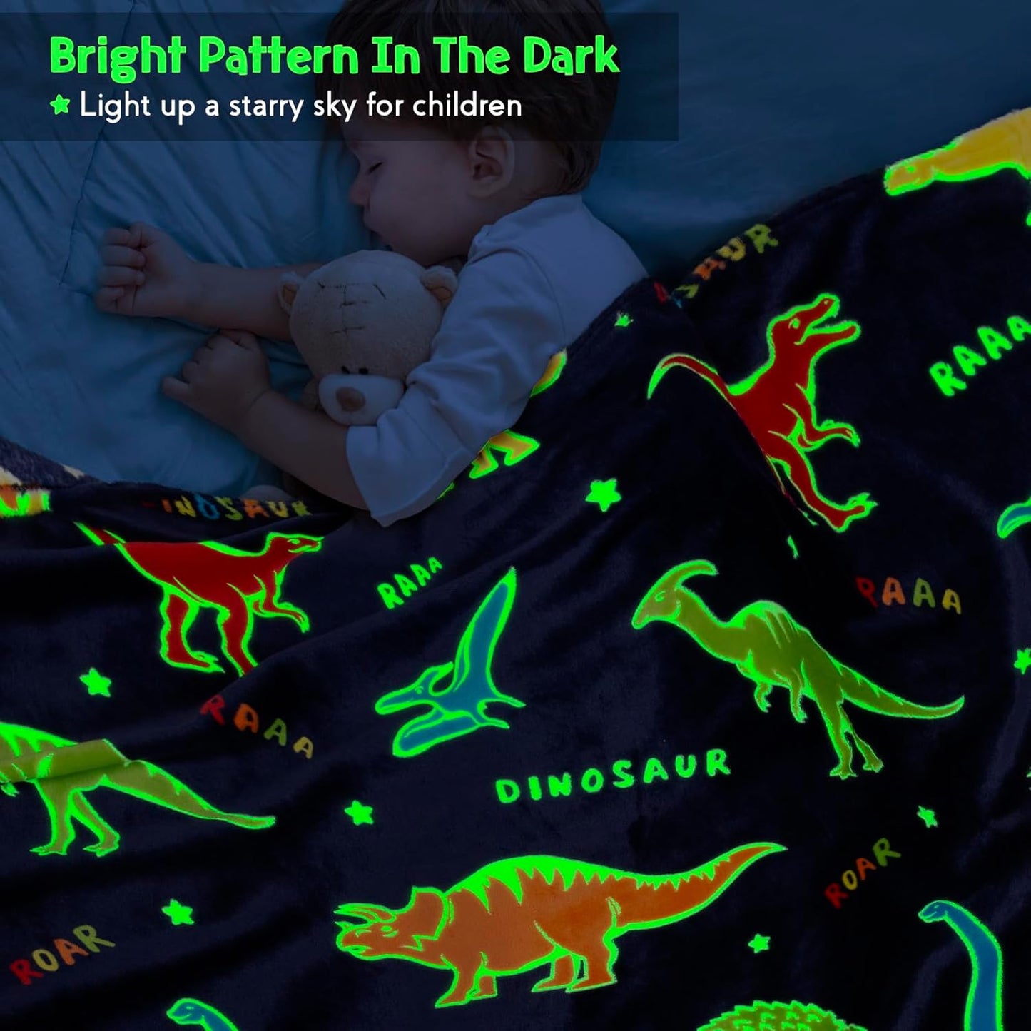 Jekeno Dinosaur Glow in The Dark Blanket Dino Throw for Kids Boys Girls Birthday Christmas Age 3-18 Years Old Teens Child Toddler Son Easter Halloween Blanket Navy Blue 60"x80"