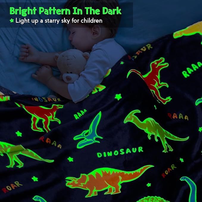 Jekeno Dinosaur Glow in The Dark Blanket Dino Throw for Kids Boys Girls Birthday Christmas Age 3-18 Years Old Teens Child Toddler Son Easter Halloween Blanket Navy Blue 60"x80"