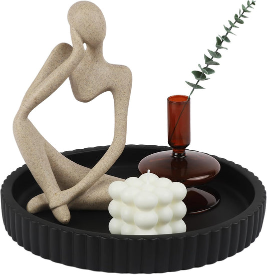 Round Decorative Tray for Coffee Table Decor-Modern Home Decor Tray-Concrete Coffee Table Serving Tray-Centerpiece Table Tray-Ottoman,Vanity, Bathroom, Kitchen,Dresser (Black)