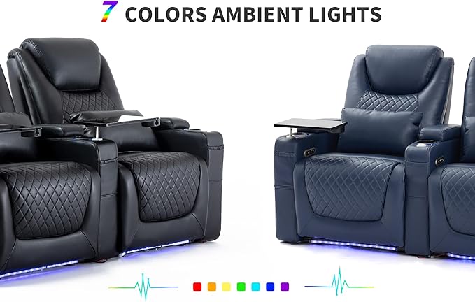 Home Theater Seating Seats, Theater Recliner Chair Sofa Game Movie Theater Chairs with 7 Colors Ambient Lighting, Lumbar Pillow, Side Pocket, Tray Table, Power Recline, Blue