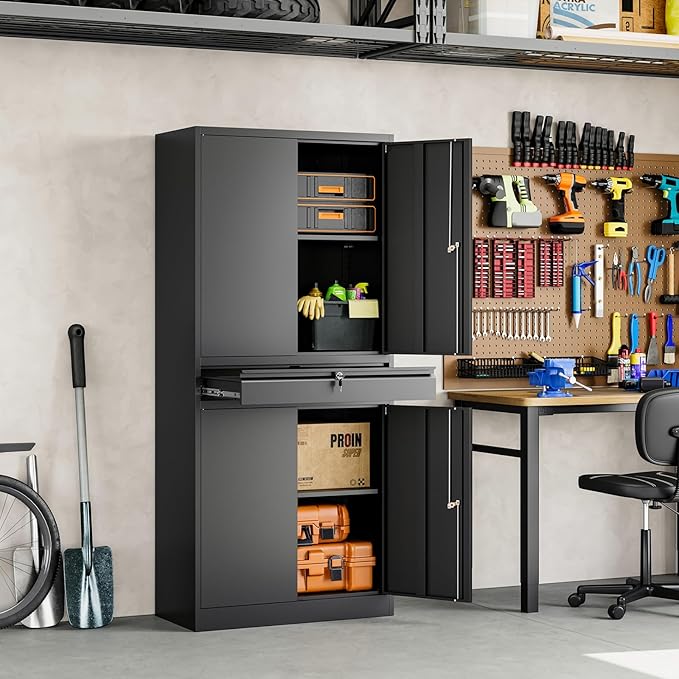 Yizosh Metal Garage Storage Cabinet with Locking Doors and Adjustable Shelves, 71" Tool Storage Cabinet with 1 Drawer for Garage,Warehouse (Black)