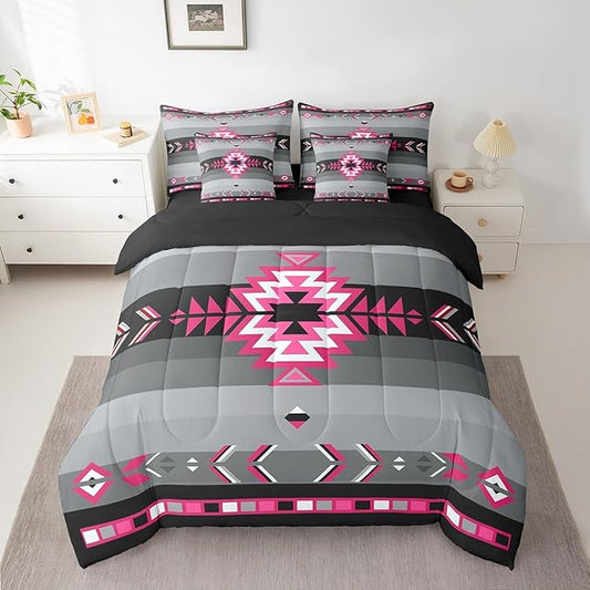 Southwest Native American Bedding Set Queen Southwestern Geometric 7 Piece Bedding Set Decor Tribal Rose Pink Grey Black Bed Set Includes Comforter, Sheet Set, Pillowcases & Pillow Covers Modern Art