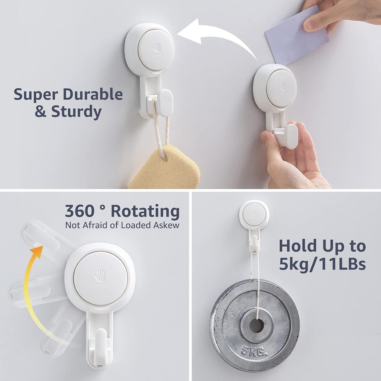 LEVERLOC Heavy Duty Suction Cup Shower Hooks 4 Pack, Damage-Free Shower Hangers for Inside Bathroom Wall, Powerful Vacuum Suction Towel Hooks, Loofah Holders, Easy to Install and Remove, White