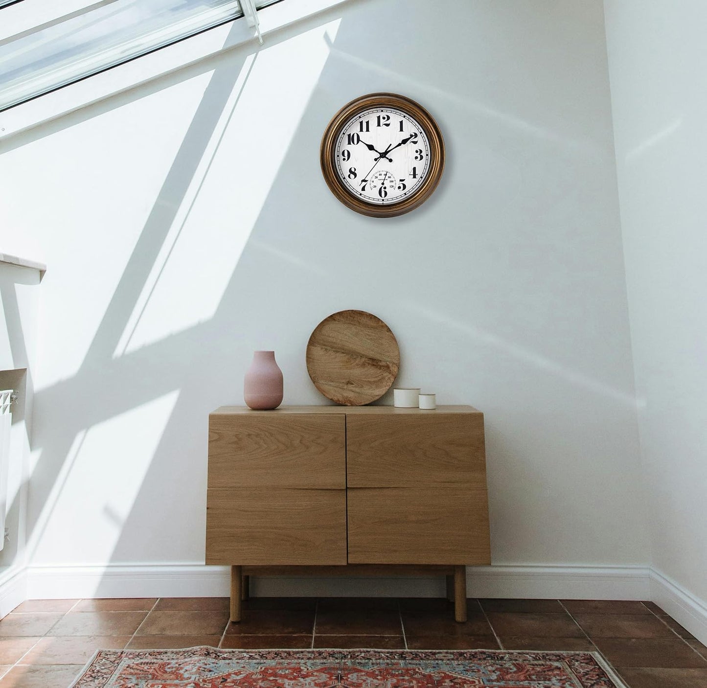 45MinST 12 Inch Indoor/Outdoor Retro Round Waterproof Wall Clock with Thermometer, Silent Non-Ticking Battery Operated Quality Quartz Wall Clock Home/Patio Decor(Bronze)