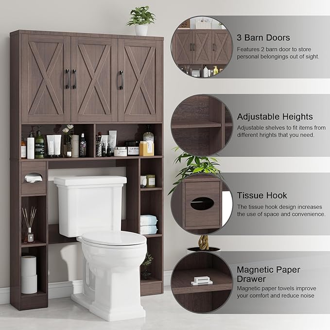 Over The Toilet Storage Cabinet, Farmhouse Toilet Cabinet Rack with 3 Barn Doors, Space Saving Bathroom Organizer with Shelves, Toilet Paper Holder and Towel Rack for Bathroom,Restroom, Espresso