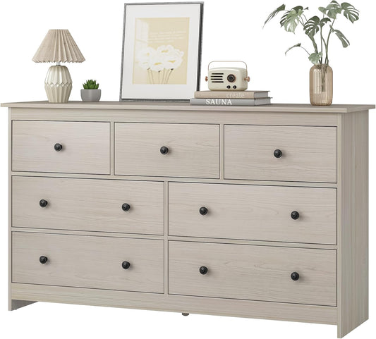 JOZZBY 7 Drawer Dresser for Bedroom, 55 Inch Natural Wooden Large Dresser with Metal Knob, Modern Chests of Deep Drawers Organizer for Home Office, Hallway