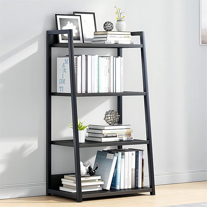 IOTXY 4 Tier Open Bookshelf - Steel and Wood Display Stand, 50CM Width Floor-Standing Bookcase, Black