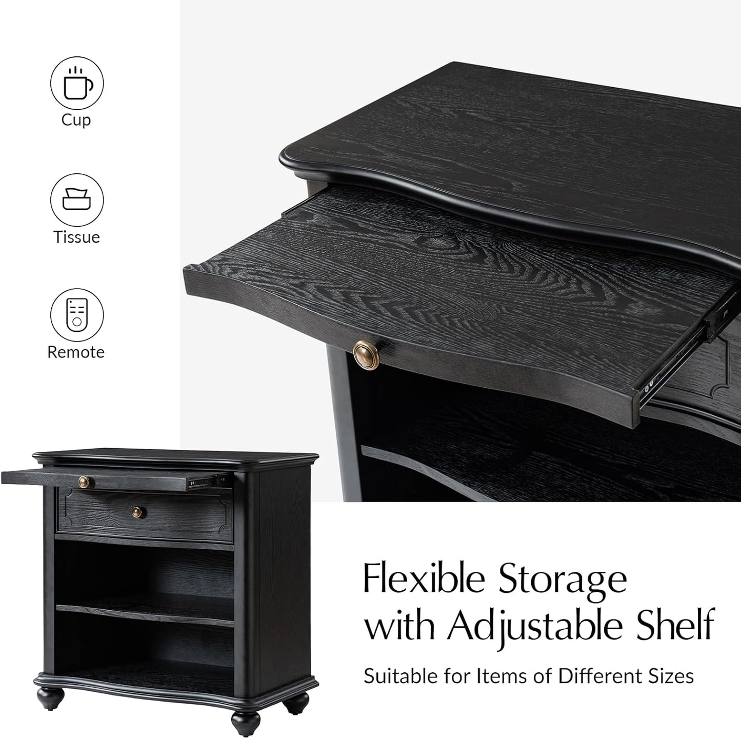 HULALA HOME Wooden Nightstand with Pull-Out Shelf, Mid Century Modern Nightstand with Solid Wood Drawers and Legs, Adjustable Storage Set of 2, Black