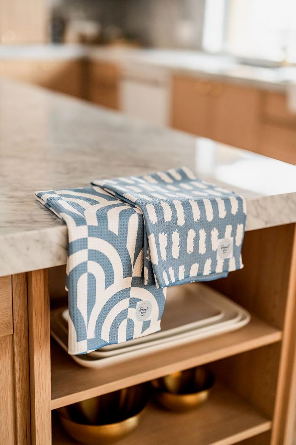 2 Pack Double Sided || Not Your Ordinary Kitchen Towels || Dish Towels || Quick Dry || Waffle Weave Microfiber|| Highly Absorbent || Hanging Hook (Blue Geometric)