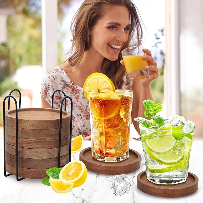 Rustic Wooden Coasters Set of 8 Farmhouse Coffee Table Decor Acacia Wood Drink Coaster with Holder Modern Outdoor Bar Cool Cup Costers Kitchen Accessories Decoration Home Dining Coasters Gift