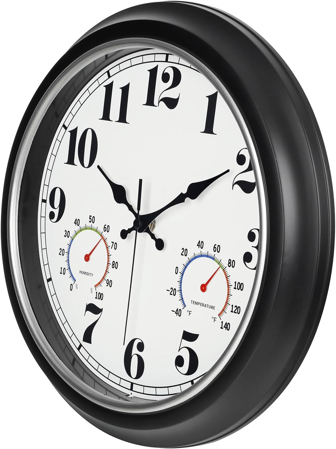 45MinST 13-Inch Vintage Outdoor Wall Clock with Thermometer and Hygrometer, Waterproof, Large Numbers, Silent, for Indoor and Outside Use,Porch,Garden,Pool(Black Frame with Silver Trim)