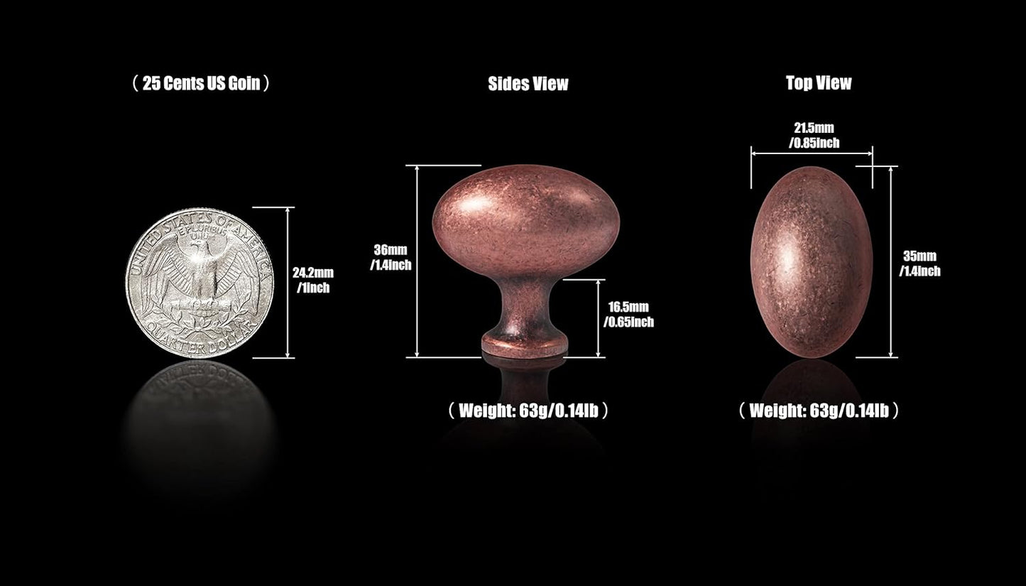 Goo-Ki 1.2Inch(36MM) Antique Copper Oval Cabinet Knobs, Zinc Alloy for Drawer Knobs for Dresser Cupboard Wardrobe,6 Packed