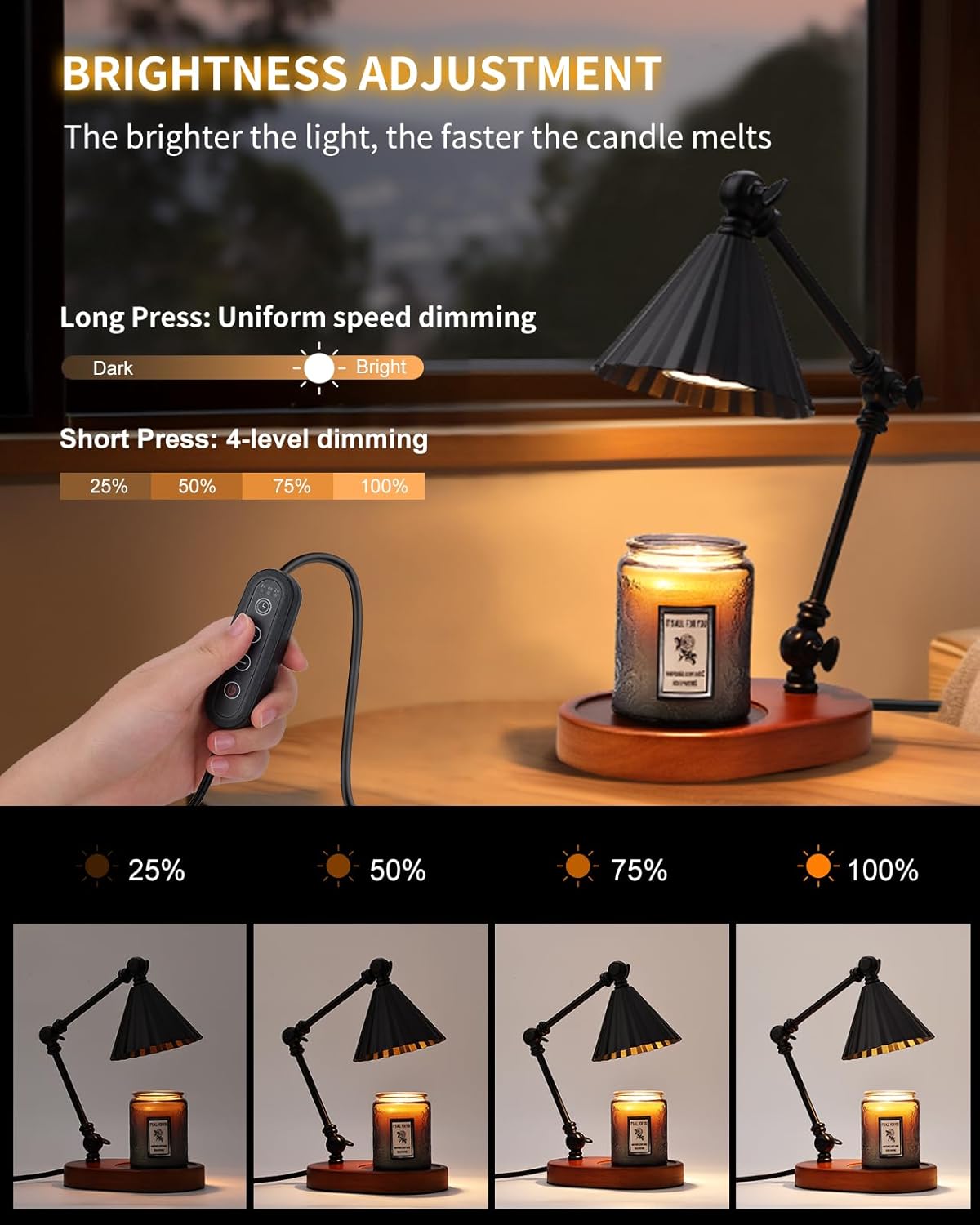 Candle Warmer Lamp, Candle Warmer with Timer Dimmer Electric Candle Lamp with 3 Bulbs Gifts for Mom Her Height Adjustable Wax Melt Warmer for Scented Candle Jars Bedroom Home Decor, Black